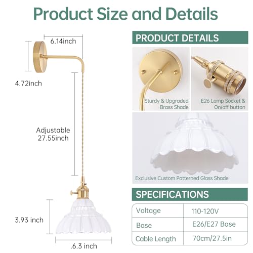 Image of Shenmoyl Vintage Wall Sconce with White Lily of the Valley Shade Pattern Glass Adjustable Chain Retro Gold Wall Mounted Light, Modern Wall Lamp Fixtures Decor for Bedside Bedroom Indoor Doorway