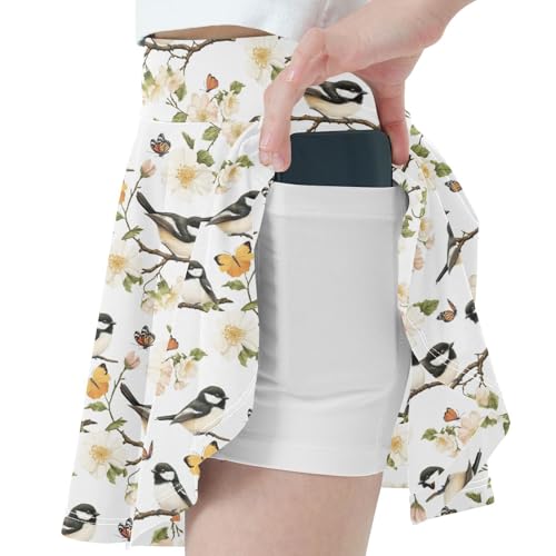 Spring Birds Girls Skorts with Built-in Shorts Flowy Skorts for Little Girl Pleated Skirt for Kids with Pockets 4-12Y2