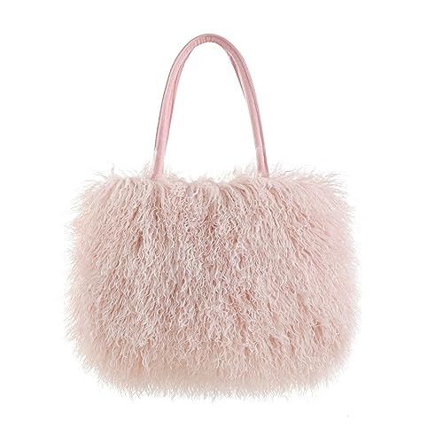 Image of Women's Fuzzy Tote Bag Curly Handbag Furry Shoulder Bag Large Plush Top Handle Purses Winter