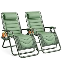 KEPLIN Set of 2 XXL Premium Heavy Duty Padded Zero Gravity Chairs - Luxurious Garden Recliners, Adjustable Headrest, Cup & Phone Holder, Foldable, Easy to Clean Patio Sun Loungers (Green)