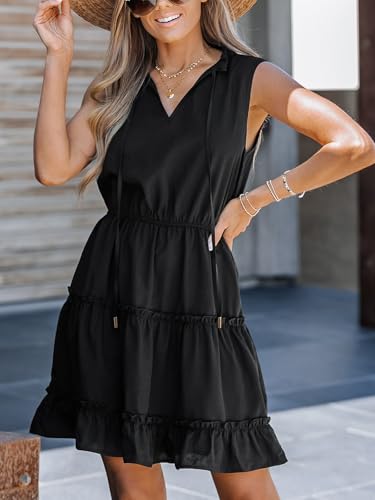 Image of CUPSHE Womens Summer Dresses Tie Neck Sleeveless Tiered Ruffle A-Line Tunic Mini Dress