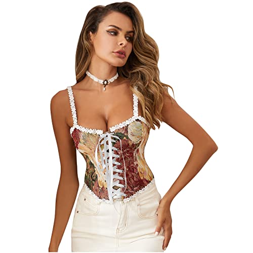 Charmian Women's Renaissance Vintage Retro Floral Jacquard Lace Up Camisole Crop Top Corset Bustier Top Red X-Large #TOP10