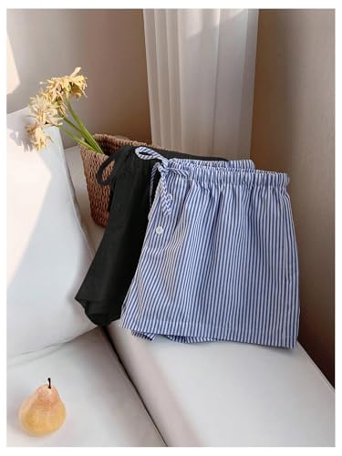 Image of MakeMeChic Women's 2 Pack Linen Shorts Striped Gingham Boxer Shorts | Summer, Beach Shorts, Cover Up, Pajama, Lounge