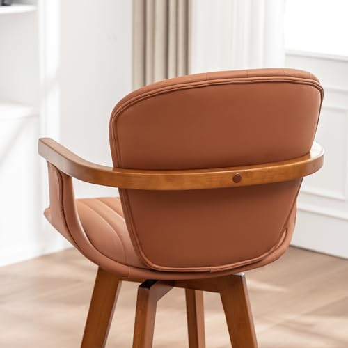 Image of LUNLING 26 inch Counter Height Stools,Mid Century Modern Bar Stools,Brown PU Leather Kitchen Island Stool,Wood High Barstools Swivel with Back and Arms for Home Bar Furniture,1PCS