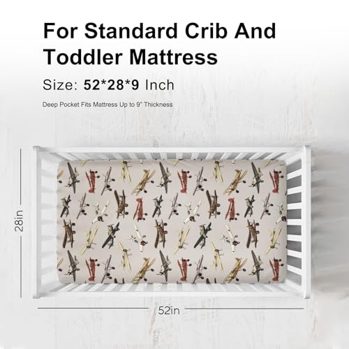 Image of Vintage Airplane Baby Crib Sheets for Boys Girls 52 inchx28 inch Retro Airplanes Transportation Travel Crib Mattress Covers Snug Fitted Soft Breathable Baby Sheets for Standard Crib and Toddler Mattresses