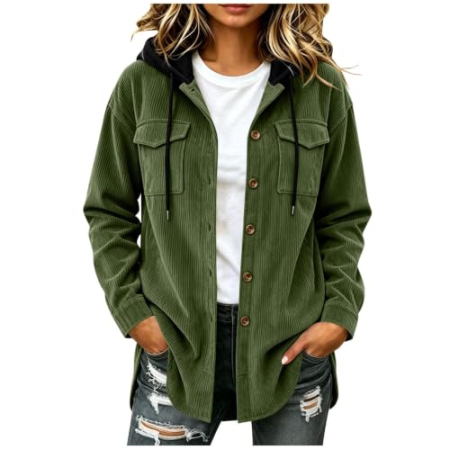 Womens Corduroy Jacket Hooded Button Down Chest Pockets Work Casual Shacket | Oversized Comfort Hoodies, Loose Fit Tunics, Soft Ribbed Texture, Flannel Shirts, Hood with Drawstring, Fall Winter Layering - image 2
