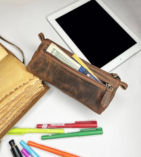 RUSTIC TOWN Leather Pencil Case - Zippered Pen Pencil Pouch for School, Work & Office (Brown)