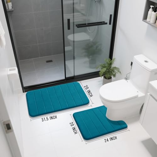 Image of Yimobra Memory Foam Bath Mat Set 2 Piece - Super Soft Absorbent Quick Dry Bathroom Toilet Rugs, Machine Washable Non Slip Floor Carpet for Tub Shower & Single Sink (31.5x20 & 24x20, Peacock Blue)