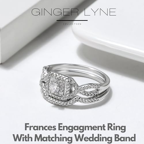 Frances Square Halo Wedding Ring Set for Women by Ginger Lyne CZ Engagement Rings for Women Plated 14 kt Gold Wedding Rings for Her| Cubic Zirconia Bridal Sets | Half Eternity Band4