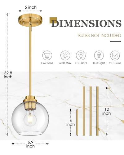 Image of Pendant Lights Kitchen Island, 7 inch Modern Brushed Gold Hanging Lights Fixtures with Clear Seeded Glass Globe Shade, Kitchen Island Lighting for Bathroom, AD-22280-1P-GD-S