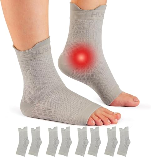 HUEGLO 4 pares de tobillos ortopédicos de compresión para neuropatía, vendaje de tobillo, artritis, tendón de Aquiles, vendaje para fascitis plantar, tobillo, deporte, fascitis plantar, gris, M
