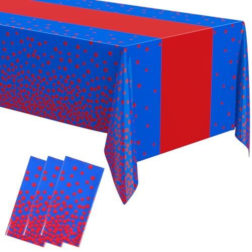 Image of Oudain 3 Pcs Blue and Red Tablecloth for Parties Plastic Dot Tablecloths Printed Table Runner Waterproof Disposable Rectangle Table Cover for Christmas Birthday Wedding Party, 54 inch x 108 inch