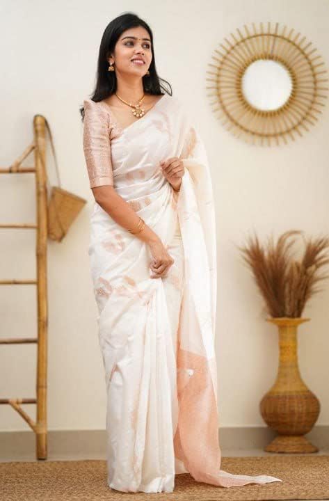 Image of Flosive Women's Kanjivaram Soft Lichi Silk Saree With Blouse Piece (White)