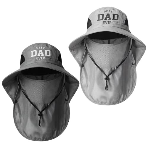 Eurzom 2 Pack Best Dad Ever UPF 50+ Mens Wide Brim Fishing Sun Hat Birthday with Neck Flap for Dad Husband Papa from Daughter Son Dark Gray, Light Gray