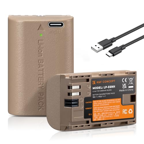 K&F CONCEPT LP-E6NH Battery, 2 Pack Replacement Batteries with USB C 2.5H Fast Charging for Canon R7 R6 R5 EOS 90D/80D/70D/5D Mark II III IV/5DS SR/6D/6D Mark II Cameras, 2250mAh