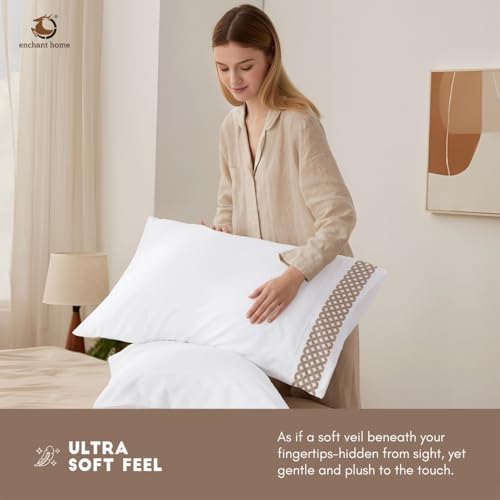 Image of Pure Cotton 500 TC Bag Type Pillow Cover Set | Greek Embroidered Pillow Cover Set | Percale Weave | 18 X 27 Inches (2, Beige Lattice Border)