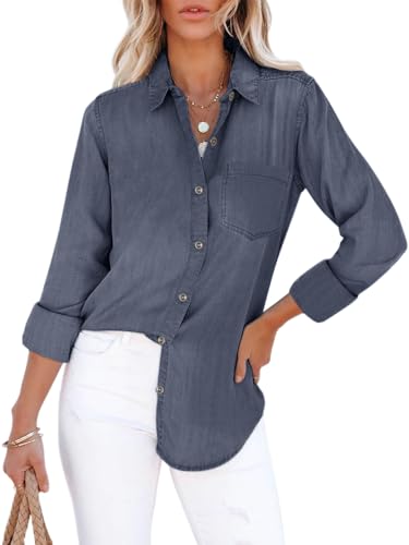 Women's Denim Button Down Shirt with Pockets Chambray Cotton Button Up Tunics Long Sleeve Solid High Low Blouse Tops