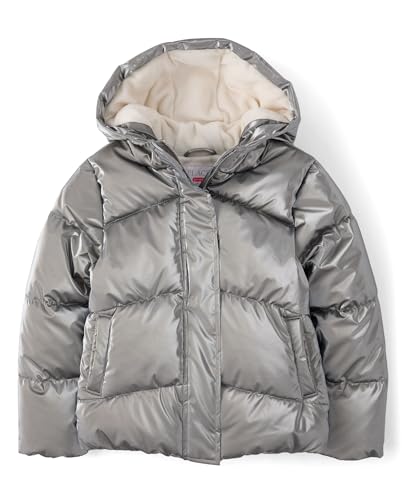 The Childrens Place Girls Water and Wind Resistant Hooded Zip Front Puffer Jacket Microfleece Lined Metallic Silver Large