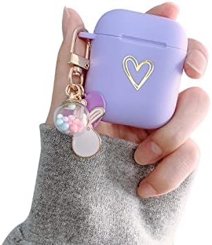 Ownest Compatible for AirPods Case Soft TPU with Gold Heart Pattern Cute Lucky Ball Keychain Shockproof Cover Case for Girls Woman Airpods 2 &1-Purple