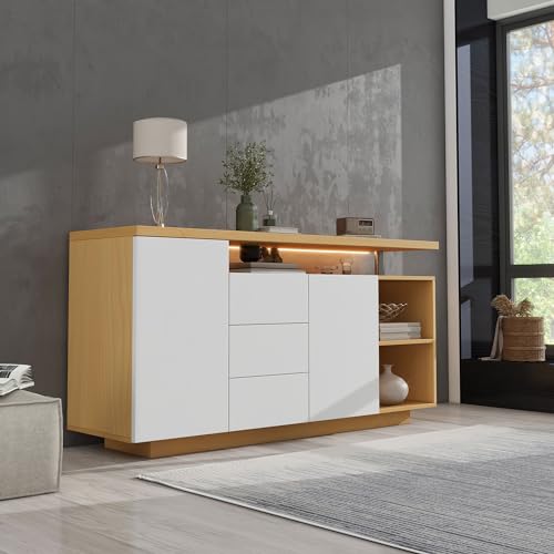 Buffet Multifonctionnel, Salon, Blanc et Chêne Clair, 140.0x40.0x70.0 cm
