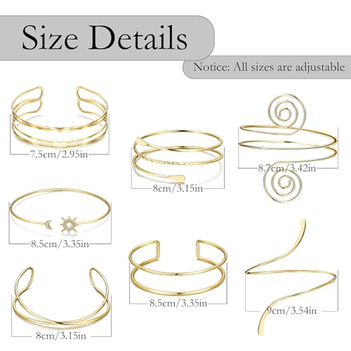 7 Pcs Arm Cuff Jewelry for Women Gold Upper Arm Cuff Bangle Band Armlet Adjustable Arm Cuff Bracelet 7