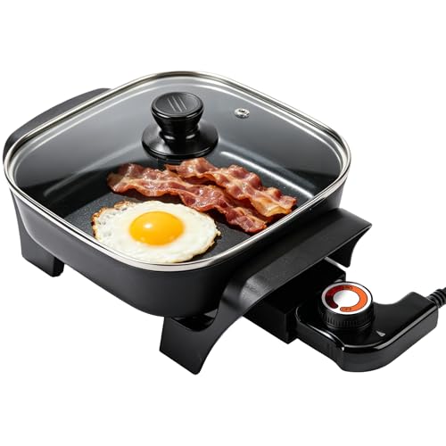 I-Keukenn 8' Electric Skillet with PFAS-Free Non-Stick Ceramic Coating, Removable Electric Frying Pan with Adjustable Temperature, Reversible Design, Tempered Glass Lid, Black