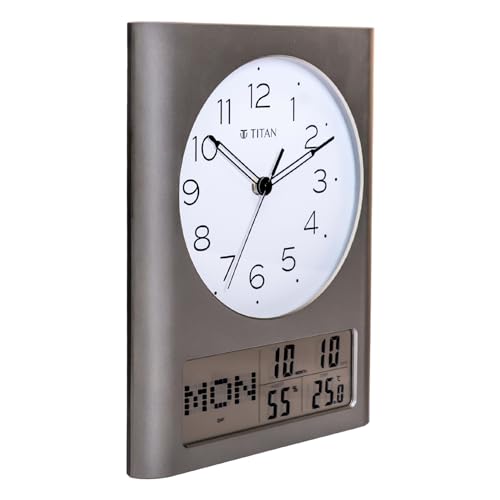 Image of Titan Analog and Digital Display Wall Clock | Day, Date & Month | Temperature & Humidity Display | Grey Case White Dial | 330x260mm | W0116PC01