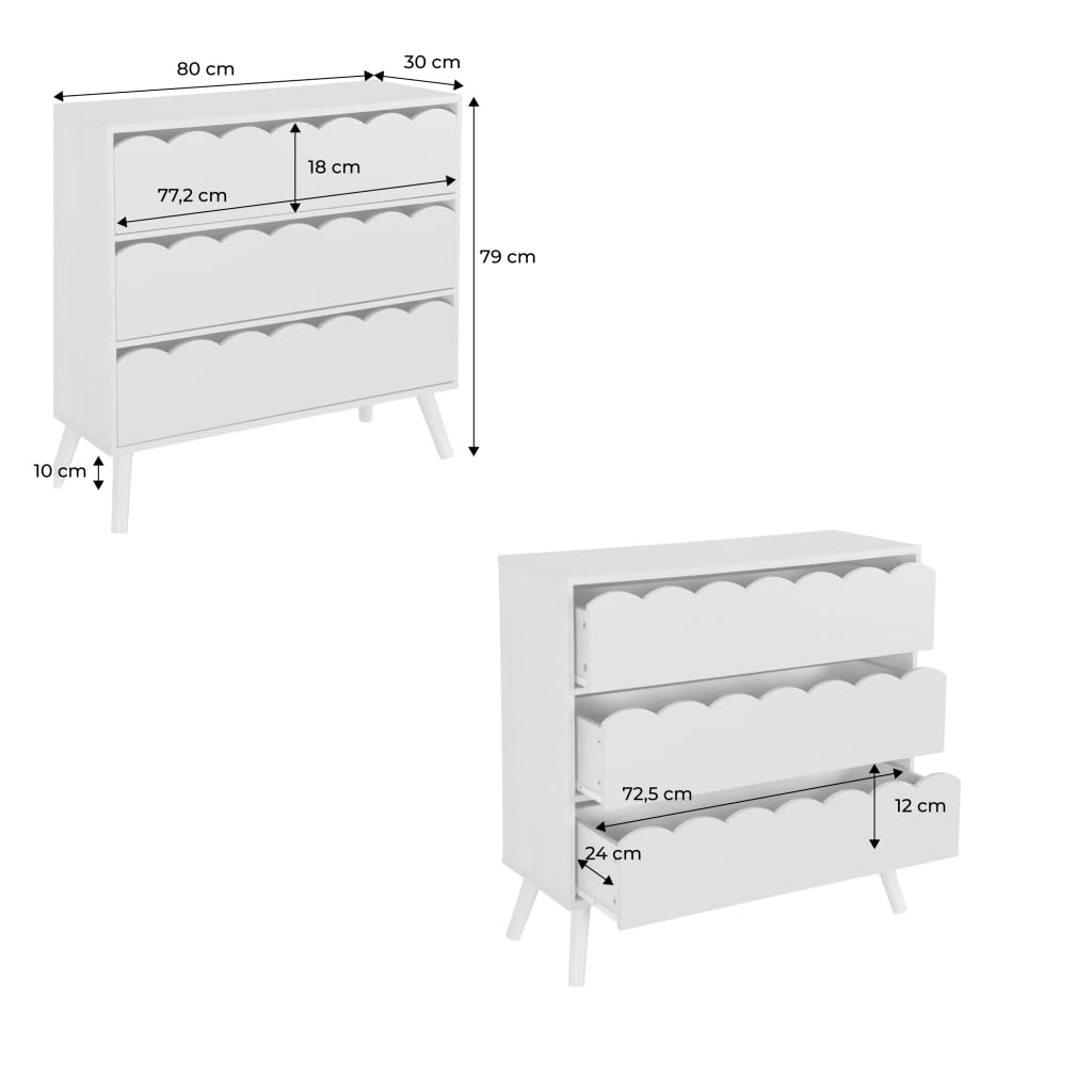 sweeek - Commode Enfant décor Bois Rose 3 tiroirs. Pieds Bois de pin - 80 x 30 x 79 cm - Azur
