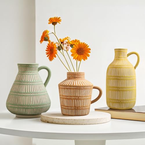 Boho Ceramic Vase Set of 3 for Living Room Bedroom Modern Yellow ...