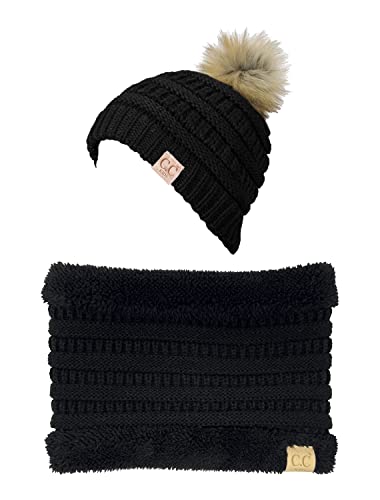 Image of Funky Junque Kids Winter Fleece Lined Neck Warmer Ribbed Knit Pom Pom Winter Beanie Bundle Cold Weather Gaiter Toddler