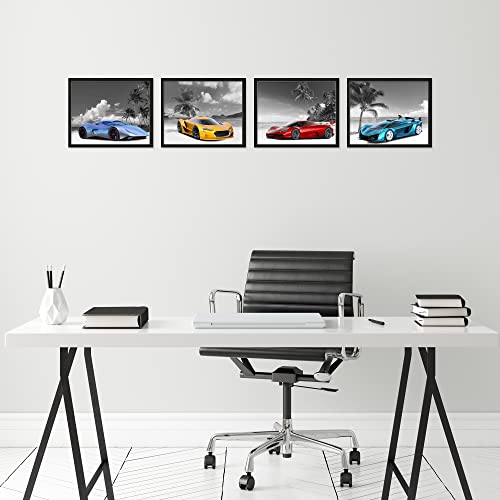 Car Wall Art For Boys Men, Car Posters For Kids - Exotic Car Pictures Set Of 4 (8X10In) Car Posters For Men - Unframed Black And White Race Car Pictures For Wall, Sport Car Wall Art, Racecar Poster Set #TOP5