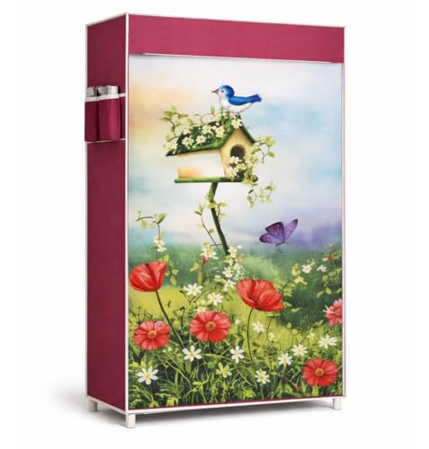 Image of FLIPZON Collapsible Fabric Wardrobe Organizer for Clothes (Iron and Non Woven Fabric) (Bird & Floral Printed Design, 6 Shelve)