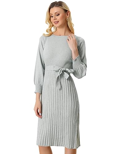 Allegra K Women's Knit Pleated Dresses Casual Belted Midi Sweater Dress Small Grey
