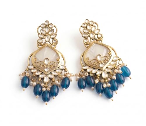 Image of Traditional 20K Gold Plated Kundan Chandbali Earrings with Black Beads and Faux Pearls for Women - Ethnic Wedding & Partyy Wear Statement Jewelry
