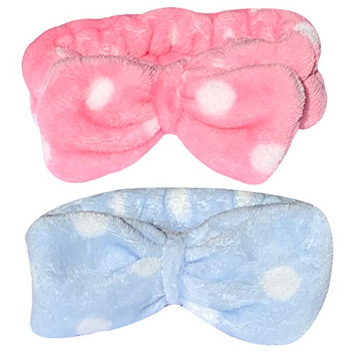 BabyFaceDiary Spa Facial Headband Fashion Makeup Soft Micro Fleece Fabric Bow Elastic Hairband Head Wraps For Washing Face Shower - 2 pack (PinkSkyblue)