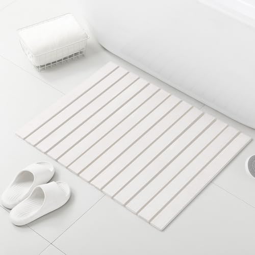 Large Stone Bath Mat, 30.2 x 23.5 Non-Slip Diatomaceous Earth Bath Mat, Ultra-Absorbent Quick-Drying Stone Drying Mat for Kitchen Bathroom Pet Bowl, Rollable & Foldable Stone Bath Mat, White XL