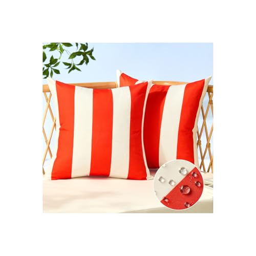 Image of Allorry Outdoor Pillow Covers 18x18 Set of 2 Orange Red Striped Decoration Throw Pillow Covers for Spring Summer Outdoor Waterproof Garden Patio Furniture Sofa Bed Home Decor JB007-G18
