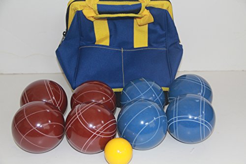 BuyBocceBalls Listing - Made in USA, Premium Quality Tournament Bocce Set - 110mm Blue and Dark Red Balls, Nylon Blue/Yellow Bag, 998 Grams (2 lbs. 3.2 oz.).