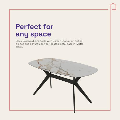 Image of Wakefit Baklava Dining Table - Golden Statuario - 6 Seater I Marble Finish I Vitrified Tile Top I Golden Statuario