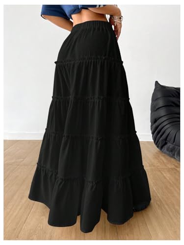 Women's Boho Skirt Flowy Flared Ruffle Long Maxi Skirts Tie Front Elastic Waist Split Thigh A Line Skirts2