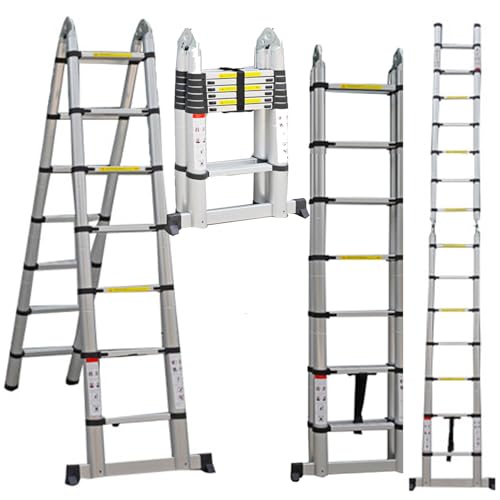Telescopic Ladder 3.8m Multi Purpose with Stabiliser, 183cm+183cm, A Frame or Straight, Multi Purpose Combination Step Ladder, Extension Ladder EN131 Standards
