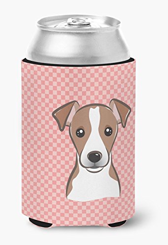Caroline's Treasures BB1260CC Checkerboard Pink Jack Russell Terrier Can or Bottle Hugger Cooler Washable Drink Sleeve Collapsible Beverage Insulated Holder, Can Hugger, Multicolor