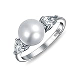Traditional Timeless Wedding CZ Halo Solitaire Simulated White Pearl Cocktail Engagement Ring For Women .925 Sterling Silver