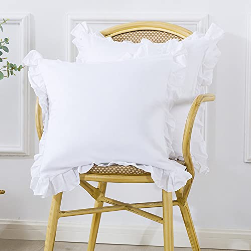 Tealp 18''X18''Euro Pillow Shams White Throw Pillow Covers - 100% Cotton Square Cushion Cases With Ruffle Cotton Shabby Chic Rustic Pretty Vintage Lace Bed Euro Pillowcases Cute Plain 2 Pack #TOP16