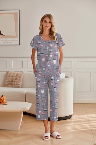 Image of Ekouaer Womens Cotton Pajamas Sets Short Sleeve Capri Pants with Pockets