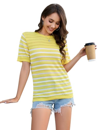 Image of ANCAPELION Women's Short Sleeve Sweater Top Striped Knit Crew Neck Pullover for Summer Trendy Shirts