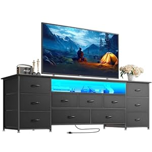 Huuger 63 Inch TV Stand for 65, 70 Inch TV, 11 Drawer Long Dresser with Power Outlets and LED Lights, Entertainment Center with Storage, Black Dresser with PU Leather Surface