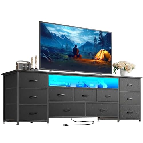 Huuger 63 Inch TV Stand for 65, 70 Inch TV, 11 Drawer Long Dresser with Power Outlets and LED Lights, Entertainment Center with Storage, Black Dresser with PU Leather Surface