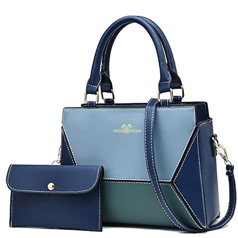 ZiMing® Handbag for Women PU Leather Geometric Splicing Tote Bag Purse Large Capacity Totes Wallet Clutch 2 Pcs Set-Blue Cover