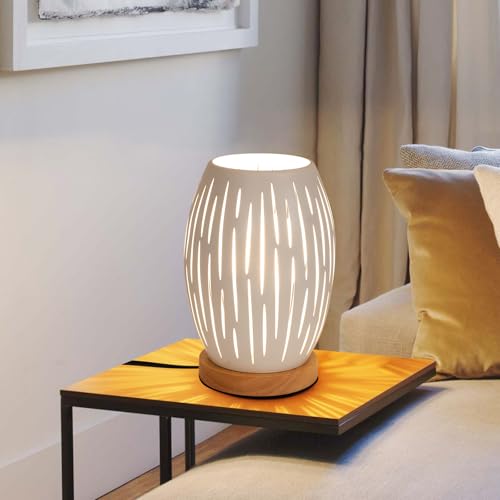 Riserva Lámpara de Mesa E27, Lámpara Mesa de Noche Moderno Blanco, Lámpara de Mesita Vintage Metal, Chasis de Madera, para Dormitorio, Sala de Estar, Estudio, Comedor, Cafetería